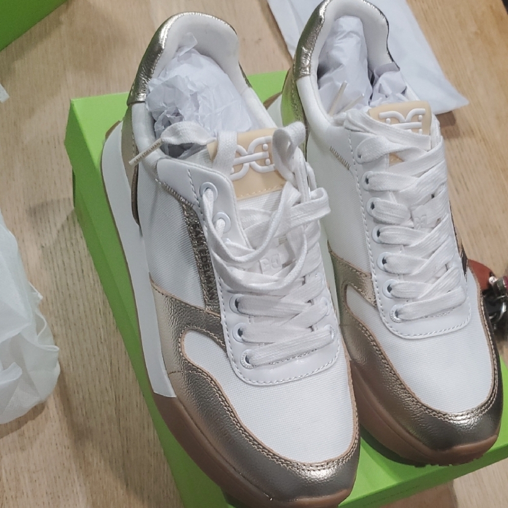 Women's White and Gold Sneakers